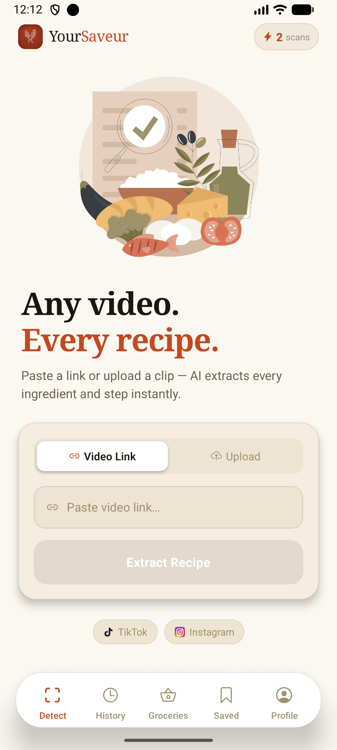 YourSaveur app, paste a video link to extract a recipe