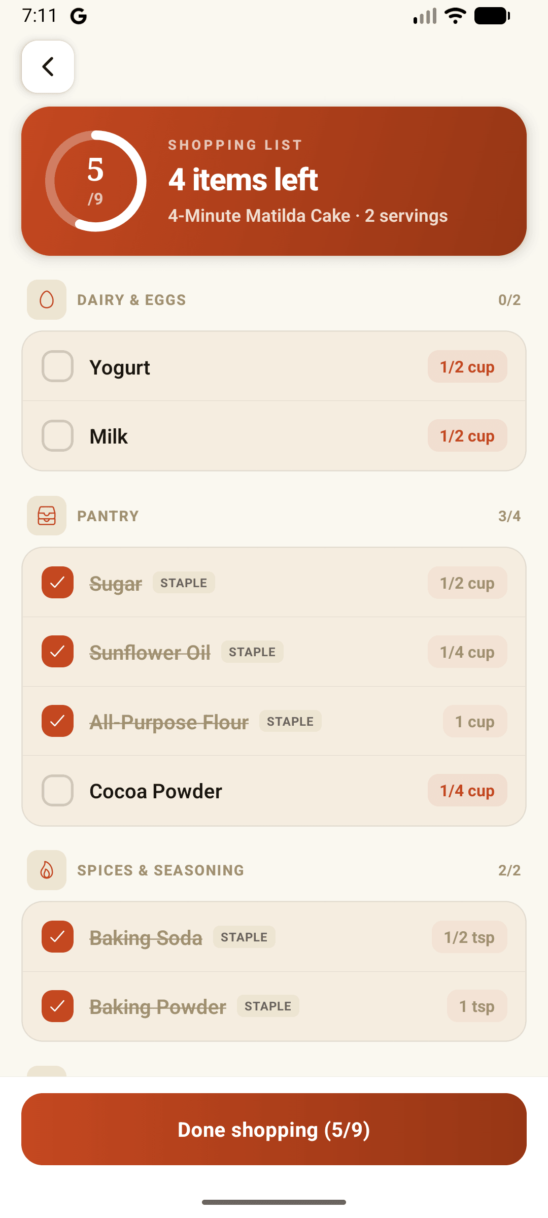 The aisle-grouped shopping list with a live progress ring