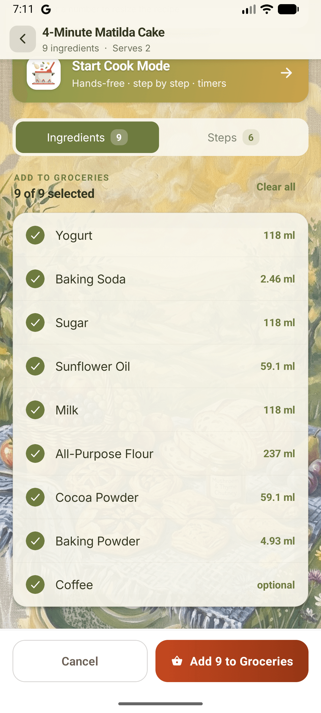 Selecting a recipe's ingredients to add to Groceries